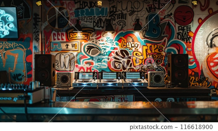 DJ booth with 3 turntables, 2 speakers, and a mixer against colorful graffiti wall. Dim lighting highlights equipment and vibrant artwork DJ booth with 3 turntables, 2 speakers, and a mixer against colorful graffiti wall. Dim lighting highlights equipment and vibrant artwork 116618900
