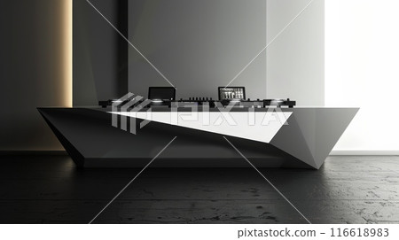 A modern DJ booth with a geometric design, featuring a black and white color scheme. The booth is lit by soft, diffused light and features a sleek, minimalist aesthetic. A modern DJ booth with a geometric design, featuring a black and white color scheme. The booth is lit by soft, diffused light and features a sleek, minimalist aesthetic. 116618983