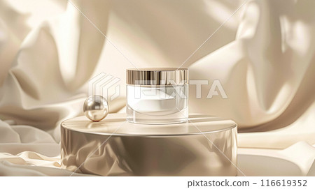Face cream in a glass jar on a white and gold background. Skin care concept. Backdrop for beauty cosmetic products 116619352