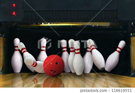 Bowling ball ten pins hit on alley Bowling ball ten pins hit on alley 116619551