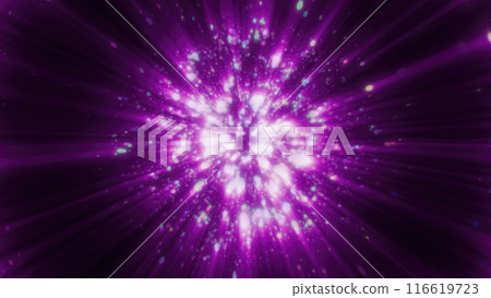 Abstract purple glowing energy molecule sphere nucleus atom round background with flying blurred dots bokeh particles 116619723