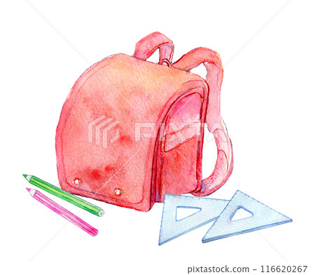 Red school bag and stationery watercolor illustration Red school bag and stationery watercolor illustration 116620267