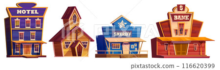 Wooden buildings for wild west town landscape Wooden buildings for wild west town landscape 116620399