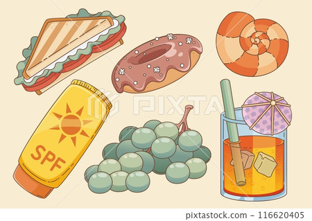 Food and elements for summer beach picnic. 116620405