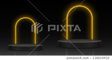 3d yellow neon light arch and podium platform 116620410