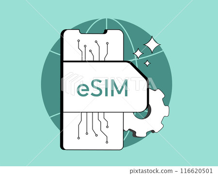 eSIM technology - digital SIM card for mobile phones. Embedded SIM for global roaming and smartphone network access. Isolated flat modern vector illustration with icons 116620501