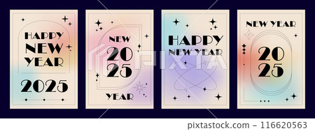 2025 gradient New Year greeting posters set. Aesthetic poster collection in trendy minimalist line style. 2025 gradient New Year greeting posters set. Aesthetic poster collection in trendy minimalist line style. 116620563