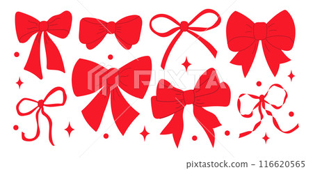 Set of various red bow knots, gift ribbons. Trendy hair braiding accessory. Christmas box decor Set of various red bow knots, gift ribbons. Trendy hair braiding accessory. Christmas box decor 116620565