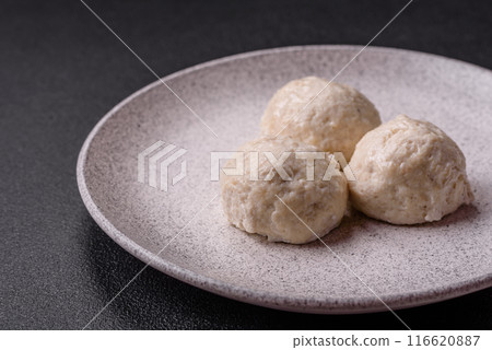 Delicious healthy steamed chicken cutlets or minced meatballs 116620887
