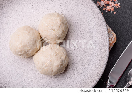 Delicious healthy steamed chicken cutlets or minced meatballs 116620899