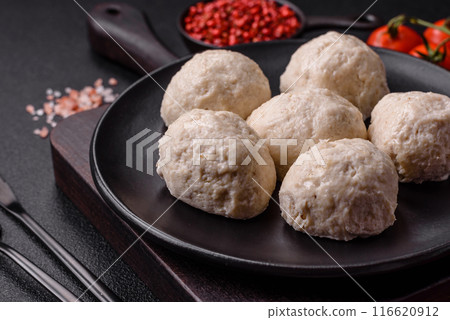 Delicious healthy steamed chicken cutlets or minced meatballs 116620912