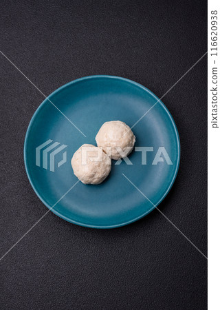 Delicious healthy steamed chicken cutlets or minced meatballs 116620938