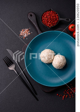Delicious healthy steamed chicken cutlets or minced meatballs 116620950