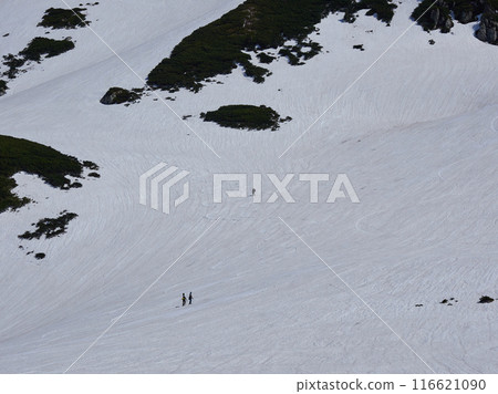 立山黑部阿爾卑斯山脈路線的室堂山頂附近的雪山風景和滑雪的遊客，是初夏的旅遊勝地 116621090