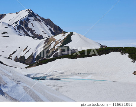 立山黑部阿爾卑斯山脈路線室堂山頂禦庫裡池的風景，是初夏的旅遊勝地 116621092