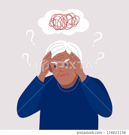 Black Old man suffer from dementia loss memory. Senior male struggle with Alzheimer disease. Flat vector illustration. Black Old man suffer from dementia loss memory. Senior male struggle with Alzheimer disease. Flat vector illustration. 116621136