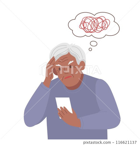Black Old man suffer from dementia loss memory. Senior male struggle with Alzheimer disease. Flat vector illustration. Black Old man suffer from dementia loss memory. Senior male struggle with Alzheimer disease. Flat vector illustration. 116621137