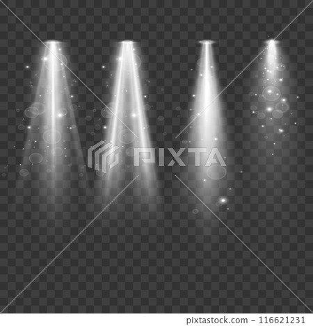 Four vector spotlights with sparkles and bokeh effects on transparent background. Vector 116621231