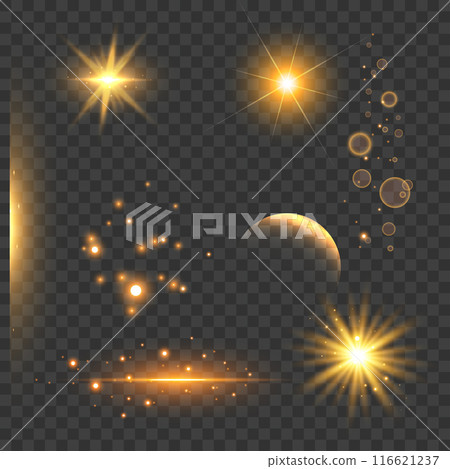 Various golden light effects, stars, glows, and flares on transparent background. Vector 116621237