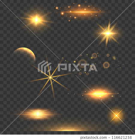 Various golden light effects, stars, glows, and flares on transparent background. Vector Various golden light effects, stars, glows, and flares on transparent background. Vector 116621238