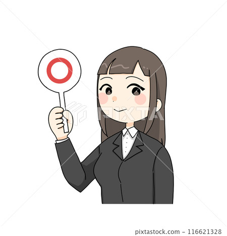 A woman in a suit holding a round bill 116621328