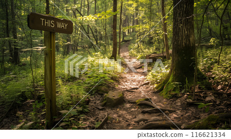 AI-generated image of a signpost in the forest that says "THIS WAY" 116621334