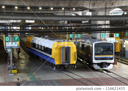 255 series and 209 series trains undergoing inspection at the Omiya General Rolling Stock Center (Omiya Ward, Saitama City, Saitama Prefecture) 255 series and 209 series trains undergoing inspection at the Omiya General Rolling Stock Center (Omiya Ward, Saitama City, Saitama Prefecture) 116621455