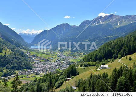 The town of Poschiavo and Lake Poschiavo can be seen from the train on the Bernina line. 116621463