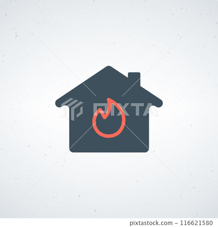 House with flame, house on fire, flammable home protection. Grill house. Stock vector illustration isolated on white background. 116621580