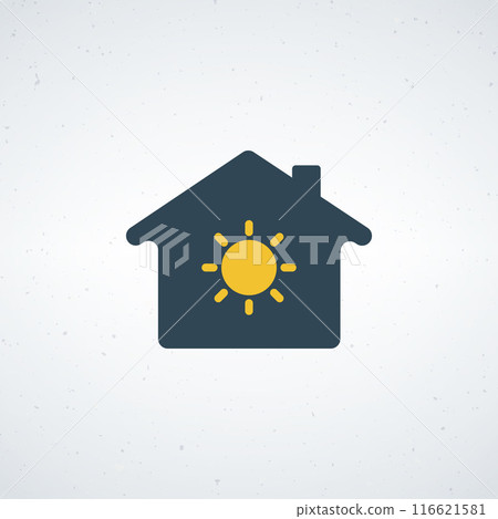 Home icon with brightly sun symbol. House powered with solar system. Warm home. Stock vector illustration isolated on white background. 116621581