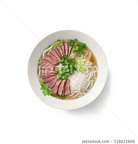 Beef Pho with thin slices of beef rice noodles bean sprouts and herbs in broth Beef Pho with thin slices of beef rice noodles bean sprouts and herbs in broth 116621668
