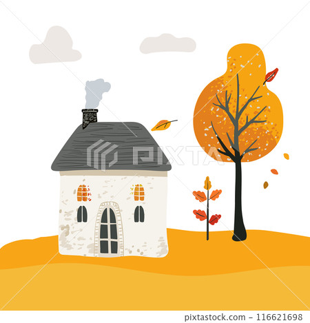 Cartoon magical Village House with a tiled roof. Folk yellow tree and red bush. Cute postcard and poster, for printing on clothing and textiles 116621698
