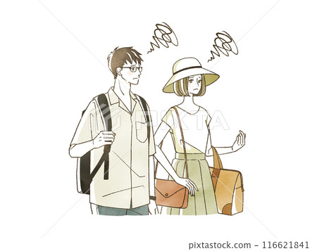 Men and women with troubled expressions traveling in the summer Men and women with troubled expressions traveling in the summer 116621841