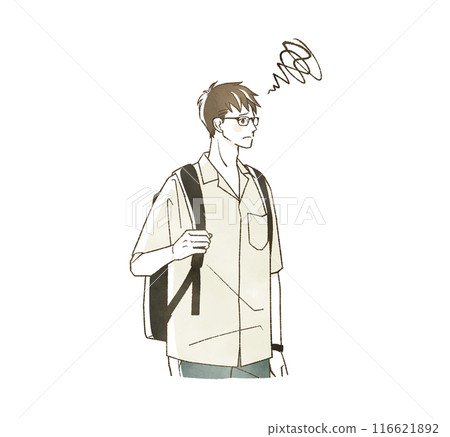 A man with a troubled expression carrying a backpack 116621892