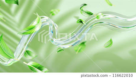3d green background with water splash, tea leaves or fresh mint, palm leaf shadow on wall. Fluid flow wave clear liquid with flying foliage, banner for natural cosmetic beauty product. 3D illustration 116622010