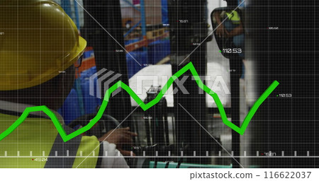 Image of data processing over rear view of biracial male worker operating forklift at warehouse 116622037