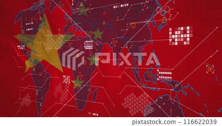 Image of world map and data processing against waving china flag background 116622039