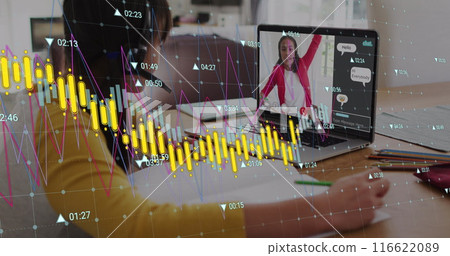 Image of graphs and changing numbers over diverse female students studying on image call Image of graphs and changing numbers over diverse female students studying on image call 116622089