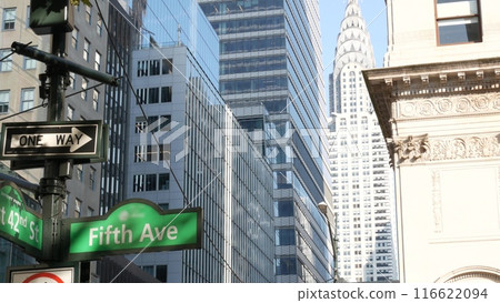 Fifth avenue, 5 ave road sign, Manhattan midtown architecture, New York City 5th av street corner. 116622094