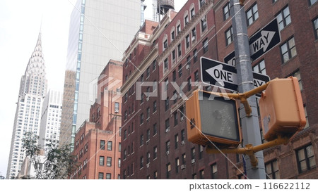 New York City crossroad, street intersection road sign on post. Chrysler building, Midtown corner. 116622112