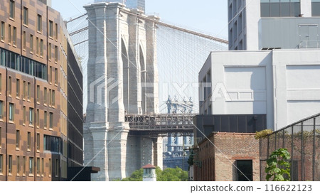 New York City Brooklyn Bridge and Manhattan Bridge. NYC Brooklyn Heights. Two bridges, travel USA. 116622123