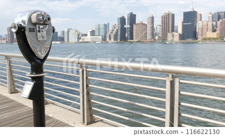 New York City waterfront skyline, Manhattan Midtown riverfront skyscrapers. Cityscape from Queens. 116622130