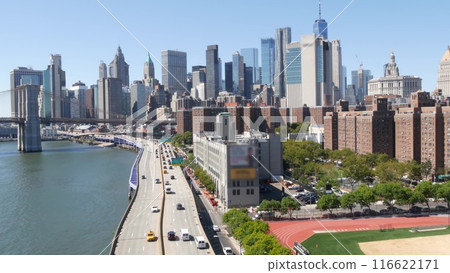 Brooklyn Bridge from Manhattan Bridge. New York City downtown skyline, financial district cityscape. 116622171