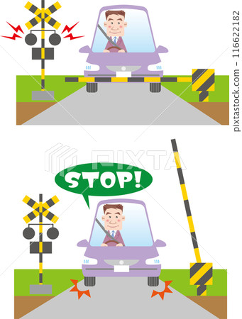 Traffic safety (Car at railroad crossing, businessman (male), waiting at railroad crossing, temporary stop) 116622182