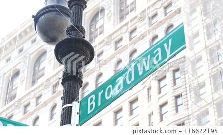Broadway street road sign, Manhattan architecture, New York City. Traffic signage of 23 street. 116622195