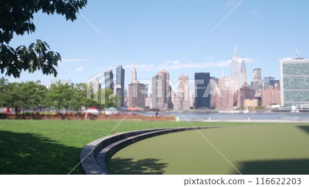 New York City waterfront skyline, Manhattan Midtown riverfront skyscrapers. Cityscape from Queens. 116622203