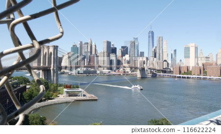 Brooklyn Bridge from Manhattan Bridge. New York City downtown skyline, financial district cityscape. 116622224