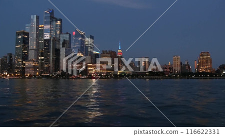 New York City skyline from ferry boat. Manhattan Midtown, Hudson Yards skyscrapers from river, USA. 116622331