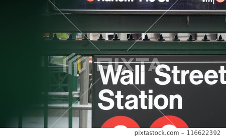 New York subway sign, Wall street underground metro station. Metropolitan entrance. Stock Exchange. 116622392