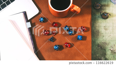 Many dice place on character paper for create begin adventure role playing tabletop and board games 116622619